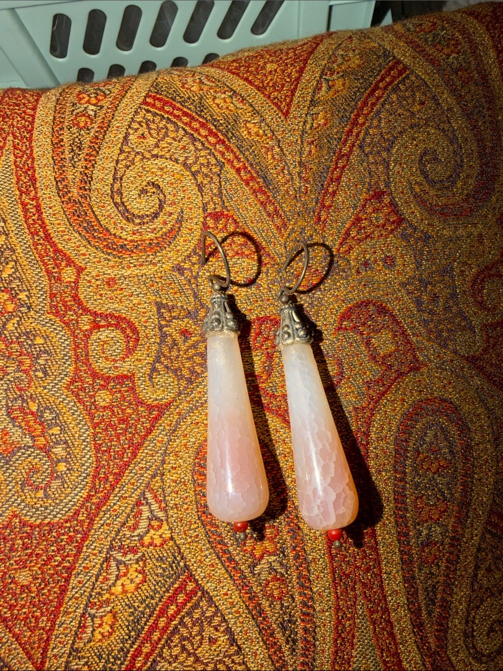 Dragon vein agate coral sterling silver wires Teardrop Dangle Earrings vintage